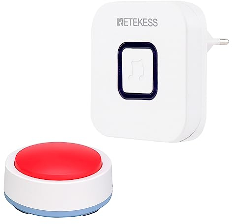 Retekess TH004 Bouton d’Appel d’Urgence Soignant Bouton Rouge Alarme sans Fil Facile Trouver Appuyer Signal Fort 433MHz 52 Sonnerie Cadeau pour Personnes Âgées Sécurité