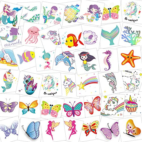 HOWAF Tatouage Enfant, 80 Feuilles Éphémères Fille, Paillettes, Étanche Mixte Sirène Licorne Papillon, Kit Pinata Cadeaux Anniversaire