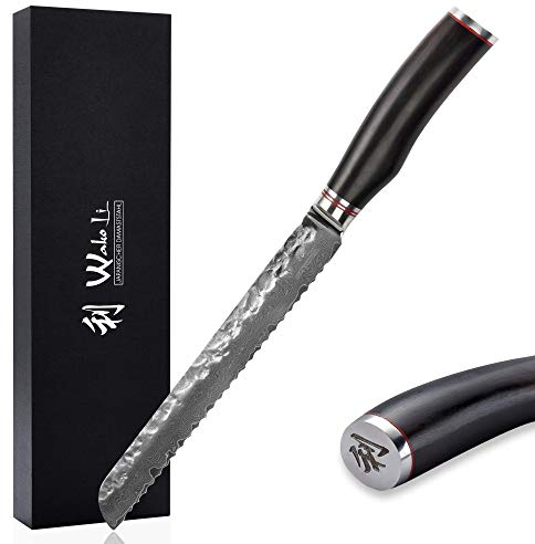 Wakoli EBO Premium Damast Brotmesser mit 20 cm Klinge mit Wellenschliff und Hammerschlag gefertigt aus 67 Lagen echtem Damaststahl mit schwarzem Eichenholzgriff I Küchenmesser und Profi Kochmesser