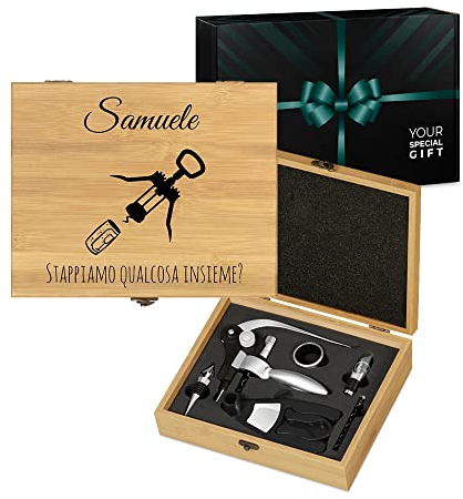 Maverton Set Cavatappi da Vino Deluxe - Kit da Sommelier Personalizzato - Scatola in Legno di bambù + 8 Pezzi di Accessori Vino - Regalo Uomo - Cavatappi