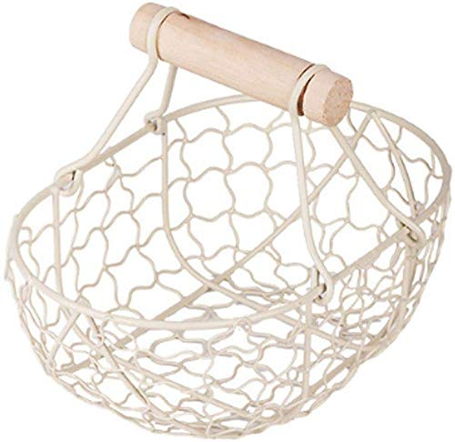 qiuqiu Eierkorb Metall Eieraufbewahrungskorb Eierhalter Mit Holzgriff Multifunktionaler Obst-Eierbehälter Metallregal Drahtkorb Für Die Küchenaufbewahrung Dekoration Fruchtsnacks-Beige