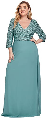 Ever Pretty Women's Long Sleeve V Neck Sequin Elegant Maxi Chiffon A Line Plus Size Bridesmaid Dresses Dusty Blue 30UK