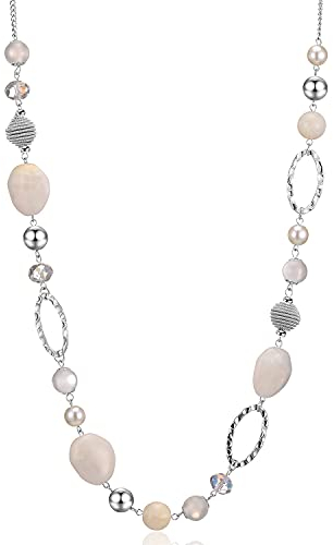 Bulinlin Silber Perplen Lang Kette für Damen Boho Statement Chain Halskette Modeschmuck Geburtstagsgeschenke für Frauen(White)