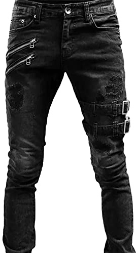 Maiyifu-GJ Herren-Jeans im Used-Look, Biker-Jeans, zerrissene Punk-, Gothic-, Denim-Hose, Hip-Hop, konisches Bein, schmale Passform, Schwarz, Mittel