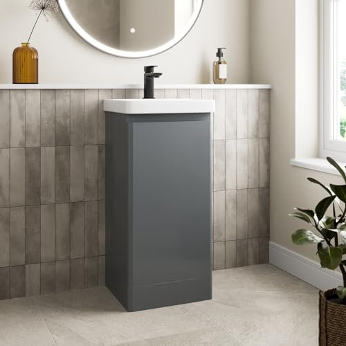 Affine® 400mm Vanity Unit Wash Basin Sink Bathroom Floor Standing Storage Cabinet Cupboard Cloakroom, Soft Close Door, Grey Gloss