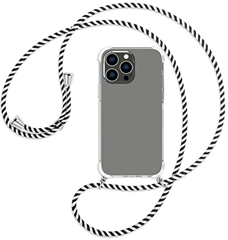 mtb more energy® Handykette kompatibel mit iPhone 14 Pro Max - Black & White - Smartphone Hülle zum Umhängen - Anti Shock Full TPU Case