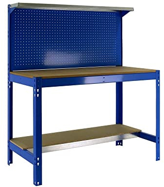 PROREGAL Werkbank Buffalo mit Werkzeugwand und Ablage | HxBxT 84x150x61cm | Traglast 600kg | Blau Werktisch Arbeitstisch Arbeitsbank Werkstattbank