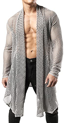 JOGAL Herren Muskel Transparent Strickjacke Netz Hemden Langarm Top Grau Mittel
