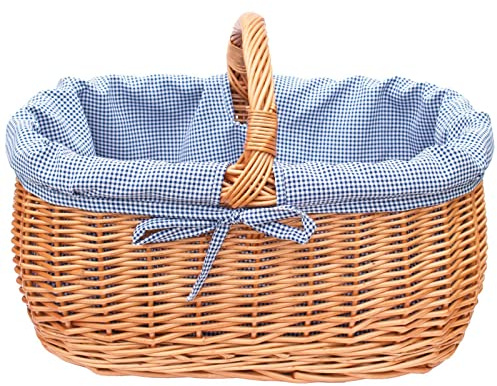 YULKA Einkaufskorb aus Weide oval blau Pepita | Stoffeinlage, stabiler Henkel, handgeflochten, herausnehmbares Futter, ideal für Markt & Shopping