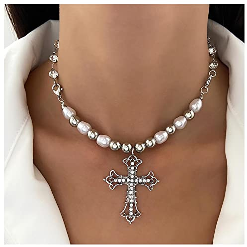 Inilbran Punk Große Kristall Kreuz Halskette Choker Silber Perle Choker Halskette Vintage Jesus Kreuz Halskette Kette Gothic Strass Kreuz Halskette Halskette Schmuck Für Frauen Und Mädchen