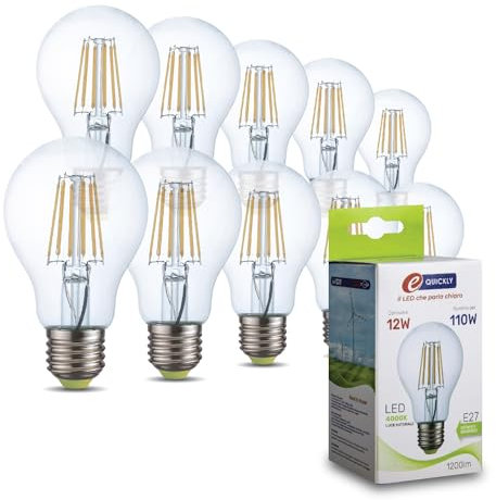 E-QUICKLY Lampadine Led E27 luce naturale - 12W equivalenti 110w, 1200 lumen, Lampadina luce led naturale 4000k, Lampada attacco grande, lampadina led e27 vintage, lampadine led filamento e27, 10 PZ