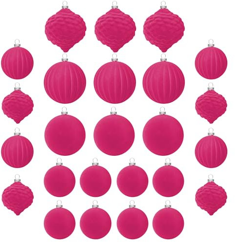 KI Store Hot Pink Velvet Christmas Baubles 25pcs Shatterproof Flocked Christmas Tree Ornaments 80mm 60mm Assorted for Xmas Tree Decorations