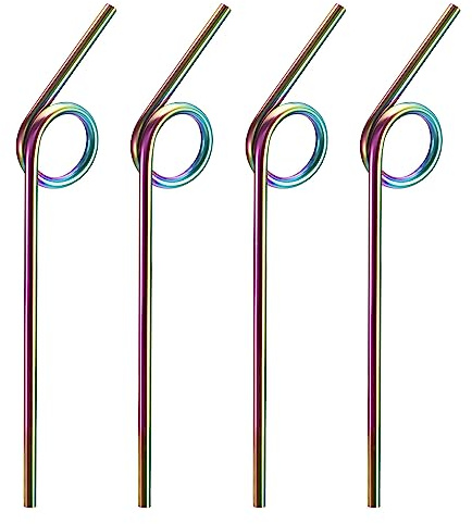 sourcing map 4Pcs Reusable Metal Straws, 9.1 Curly Shape Stainless Steel Straw for Drinking Juice, Beverage, Cold Drink (6mm OD, Rainbow)