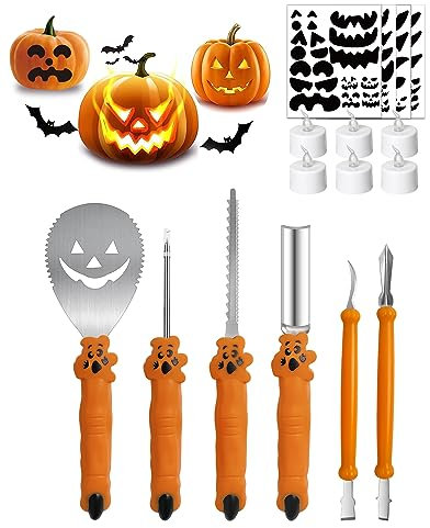 Vicalo Halloween Kürbis Schnitzset, 15 Stück Edelstahl Schnitzwerkzeug Kürbis Set mit Kerzen DIY Halloween Schnitzvorlagen, Kürbis Schnitzmesser für Kinder Erwachsene Halloween Dekoration