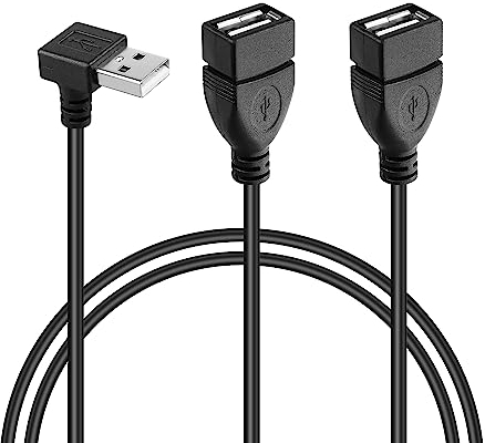 GINTOOYUN USB A 2.0 Y Splitter Extension Cable,90 Degree Angle Male to Dual Female Connector Cable for Car,Laptop,PC,Mobile Telephone,Printer/U-Disk etc 3.28FT(Down Angle)(Down Angle)