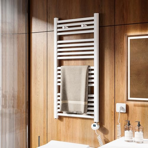 Heilmetz Badheizkörper Elektrisch 1000x500mm Badheizkörper Elektrisch mit Thermostat 500W Seitenanschluss gerade Weiß Badheizkörper mit Timer+Temperaturregler+Thermostat+LCD-Displays Energiesparend