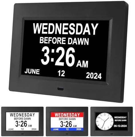 Gsituk 7” Dementia Clock with Day and Date for Elderly, 12 Alarms Clock Large Digital Calendar for Alzheimer Patient (Black Not battery powered)