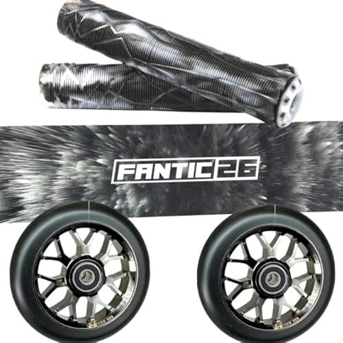 Fantic26 Stunt-Scooter Trick Roller Ersatzteile Bundle I Ethic DTC Soft Griffe mit Barends I F26 Spy7 110mm Abec11 Rollen blackchrome I Griptape Kreidebomb Schwarz/Weiß