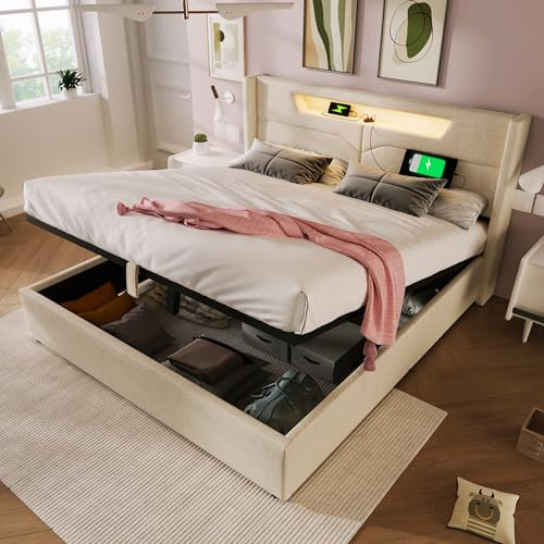 Moimhear Cama tapizada de 160 x 200 cm, cama doble LED con función de carga USB tipo C y iluminación LED, estructura de material de lino con somier (beis, 160 x 200 cm), AB20303