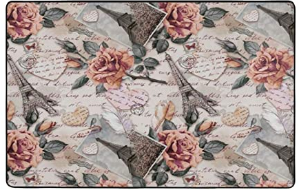LAMAME Weicher Teppich mit Blumenmotiv und Eiffelturm, rutschfest, dekorativ