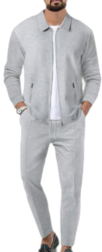 Veriliss Herren 2-Teilige Waffel Soft Hoodies Sweatsuit Sets Male Trainingsanzug-Sets Mit Durchgehendem Reißverschluss, Trendige Jacke Anzug Business Outfits(Grau,L)