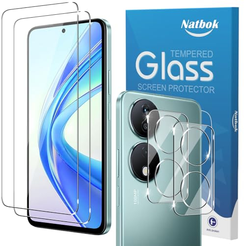 Natbok 2+2 Pack Tempered Glass for Honor X7b 5G Screen Protector & Camera Lens Protector,9H Hardness,Ultra Resistant,Anti-Fingerprints,No Bubbles,HD-Clear Phone Film for Honor X7b 5G