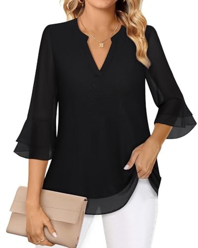 Akiooue Three Quarter Sleeve Tops - Ladies' Longline & Casual Baggy Blouses for Women, Size 20, Ruffle Sleeve Tunic Tops for Parties Solid Black