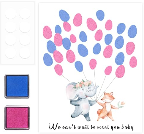 VOSSOT Geschlecht offenbaren Fingerabdruck Blätter Baum, Babyparty-Gästebuch, Baby-Geschlecht-Enthüllung, Gender Reveal Baby Shower Party, Special Meaningful Canvas Decoration Mit 2 Stempelkissen