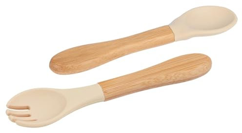 Tiny Dining 2pc Beige Bambus-Baby-Entwöhnungsgabel & Löffel Set - Klein Kleinkind Kinder Erste Selbstfütterung Essen Besteck Utensilien
