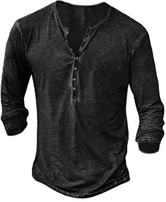 Mens Henley T-Shirts Long Sleeve Retro V Neck T Shirt Slim Fit Cotton Casual Shirts