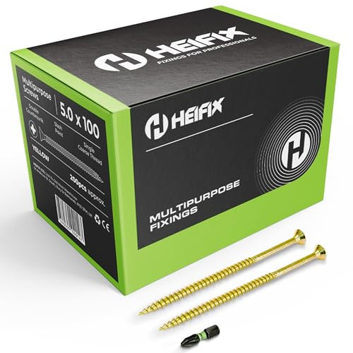 Heifix Multi-Purpose Wood Screws Pozi Double Countersunk - FREE Screw Bit Included (QTY 200, 5mm x 100mm)