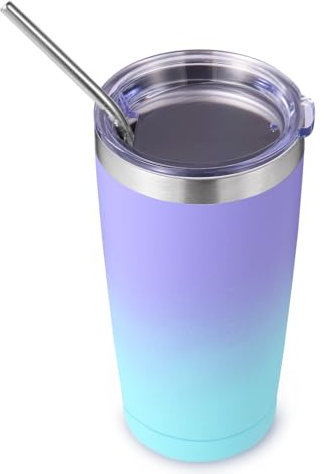 Volhoply 20oz 550ml Travel Insulated Tumbler with Lid and Straw, Double Wall Insulated Travel Ice Coffee Mug Fits Cup Holder,Powder Coated Cups for Hot & Cold Drinks, BPA Free(Purple Bule,1 Set)
