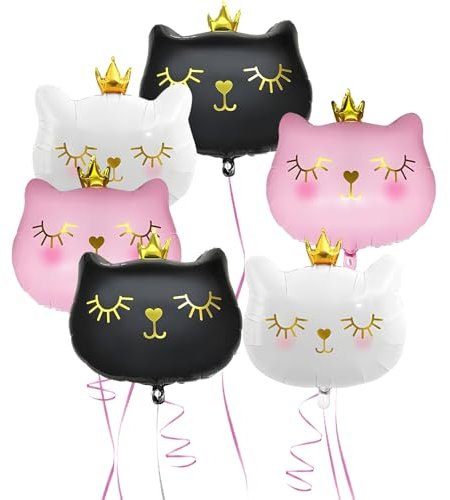 ZenithyrEn 6 Stück XXL Deko Katze Folienballon Geburtstag – Lustige Katzen Party Deko für Kindergeburtstag, inkl. 6 Strohhalme & 5m pinke Girlande für perfekte Party Atmosphäre