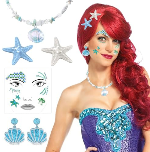 DPKOW Mädchen Meerjungfrau Kostüm Accessoires, Glitzer Meerjungfrau Gesichtstattoo Karneval Halskette Ohrring Meerjungfrau Seestern Haarnadel Faschingskostüme Mädchen Damen Karneval Kostüm Accessoires