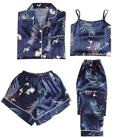 Satin Pyjama Damen Kurz 4 Teiliges Kurzarm Schlafanzug Nachtwäsche Cami Und Shorts Set Frauen Silk Pjs Sets Hemd Und Shorts Lange Hose Kuschel Pijamas Set Elegant Damenschlafanzug Hausanzug Loungewear