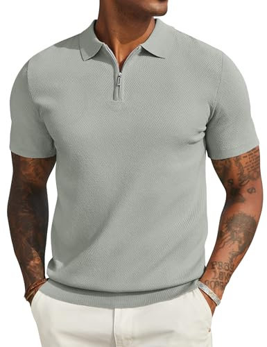 COOFANDY Herren Poloshirt Kurzarm Sommer Strick Polo T-Shirts mit Reißverschluss Männer Polohemd Golf Shirt Hellgrün XL