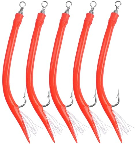 Angelhaken Gummi Makk Classic Striped Bass Trolling Tube Jighaken Teaser Vorfächer Rig mit Edelstah Angelhaken Wirbel für Meeresangeln Salzwasser (Rot-5 STK, 10/0)