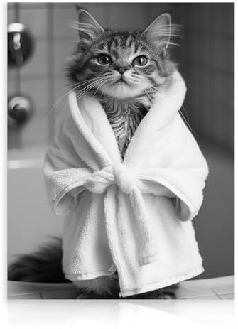 Dazzlewall Funny Cat Bathroom Wall Art, Cute Cat in Bathrobe Black and White Animal Picture for Bathroom Toilet Decor 12x16 in Unframed