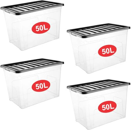 RelianceUK 4 X 50L Plastic Storage Boxes with Black Lids - Durable, Stackable & Nestable Storage Containers for Home, Garage, Office & School - 50 Litres Storage Box