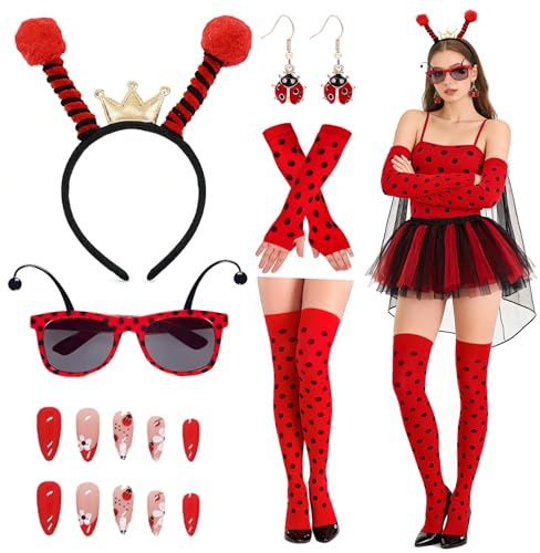 Bienen Haarreif Damen, Marienkäfer Haarreif Damen, Bienen Kostümzubehör, Bienenkostüm Erwachsene, Biene Marienkäfer Haarreif Accessoires Fingerlose Handschuhe Überkniestrümpfe Karneval Cosplay Kostüm