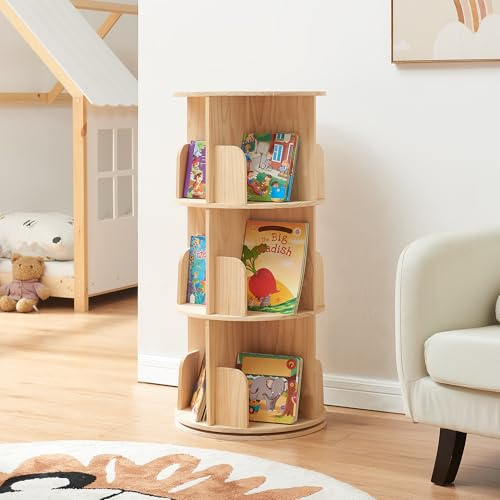 [en.casa] Libreria Girevole per Cameretta a 3 Livelli con Scomparti Aperti Scaffale Rotante per Bambini Mobiletto Espositore Porta Libri in Legno di Pino 95 x Ø44 cm