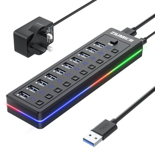 Powered USB 3.0 Hub, 10-Port USB Hub with RGB LED Strip -5Gbps Data Transfer,Individual LED On/Off Switches and 12V/2A Power Adapter for Laptop, PC, Mouse, Keyboard, Hard Drive or More USB Devices.