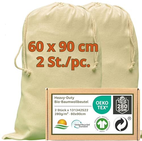 WIESEN.design Obstsack - 280 g/m² OEKO-TEX® zertifizierte Heavy-Duty Baumwolle für langlebige, professionelle Anwendungen, 60x90 cm - 2 St. Geschenksackerl, Zwiebelsack, Drawstring bag