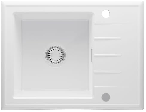 CECIPA Lavello da cucina 60 x 46 cm, in ceramica bianca con troppopieno, facile da pulire, resistente al calore, silenzioso, lavandino da cucina con 2 fori pre-fori per lavastoviglie e lavatrice