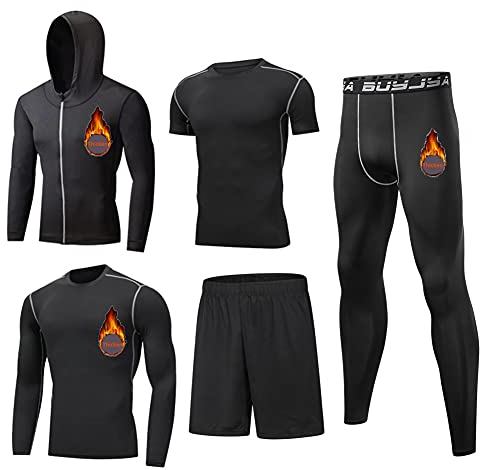 BUYJYA 5Pcs Men's Compression Pants Shirt Top Long Sleeve Jacket Athletic Sets Gym Clothing Mens Workout
