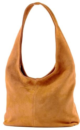 modamoda de T150 Damen Schultertasche Shopper Large aus Wildleder handmade in Italy, Farbe:Cognac
