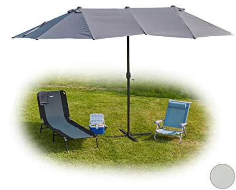 Relaxdays Doppelsonnenschirm, ovaler Sonnenschirm für Garten & Terrasse, mit Kurbel & Ständer, HBT 255x450x260cm, grau