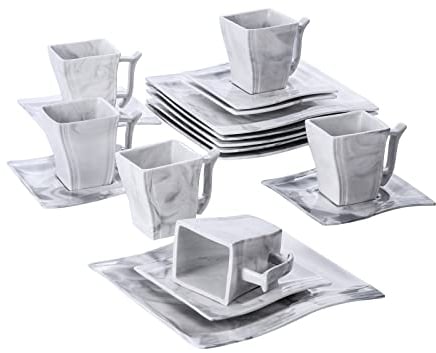 MALACASA Dinner Sets, 18 Piece Coffee Set Square Porcelain Tableware with 6 Piece Cup & Saucer Sets/Dinner Plates for Breakfast Afternoon Tea, Series Flora, Marble Grey