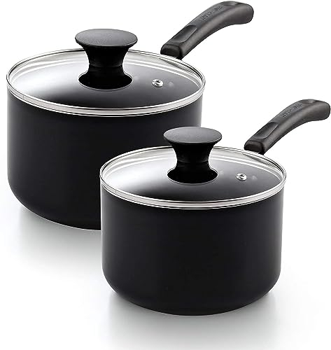 Cook N Home Juego de cacerolas antiadherentes, 1Qt y 2Qt con tapa de vidrio, negro (02702)
