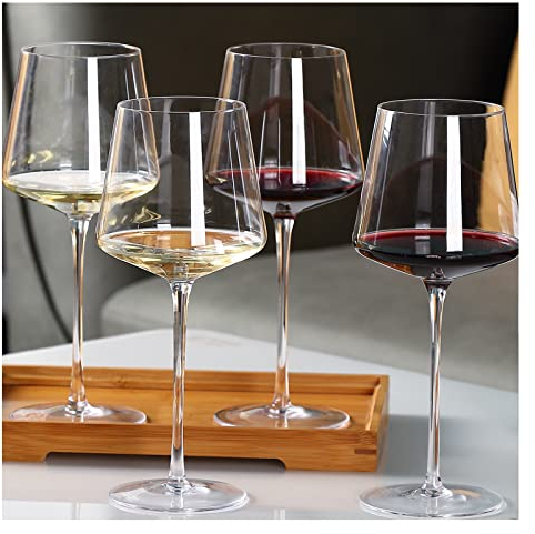 Lot de 4 verres à vin modernes en cristal avec haute tige longue, verres à vin carrés avec fond plat, 621 ml, soufflés à la main, parfaits pour le vin corsé, cadeaux d'anniversaire pour femme,